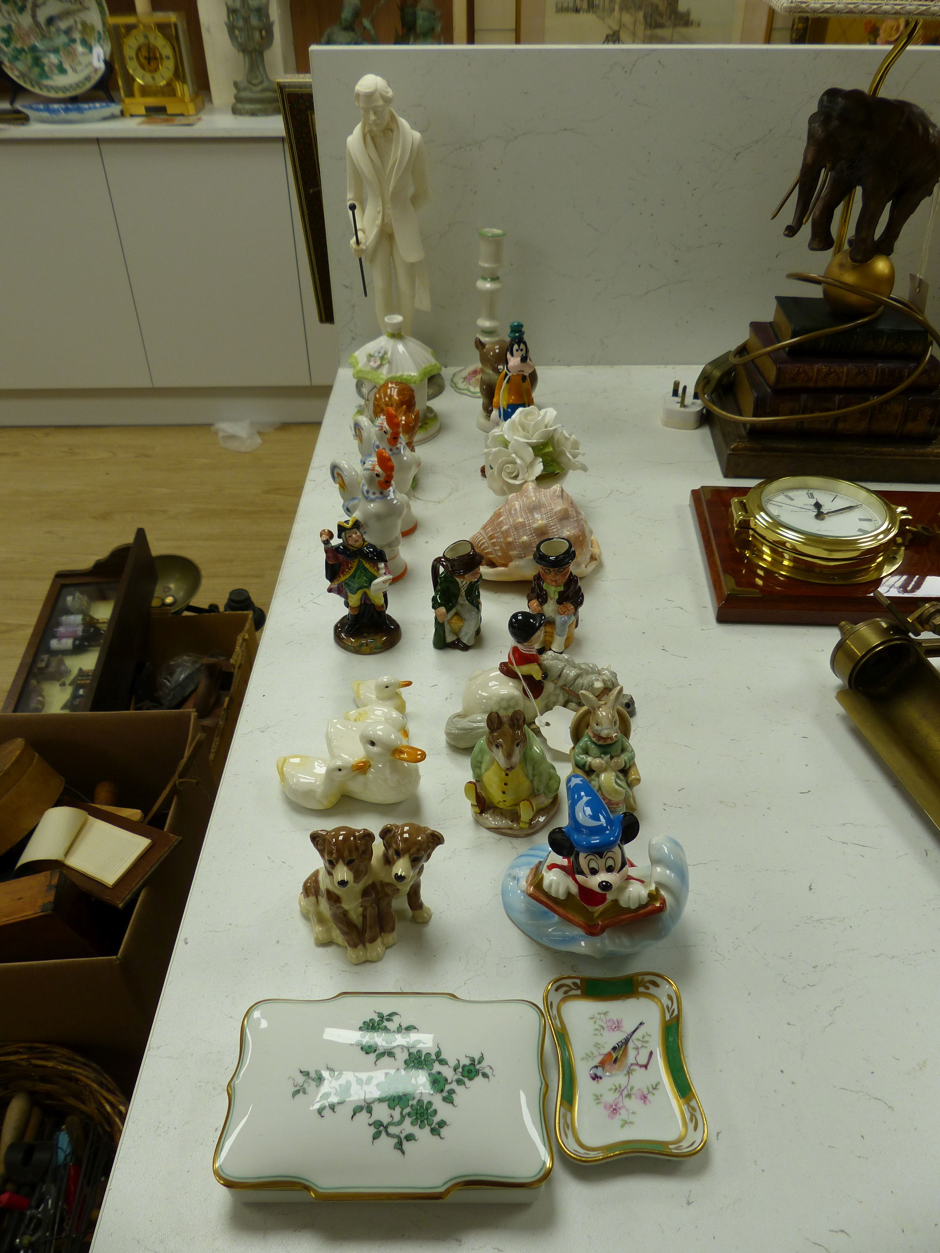 Two Beatrix Potter figures, Samuel Whiskers and Squirrel Nutkin, two Disney figures and sundry decorative items